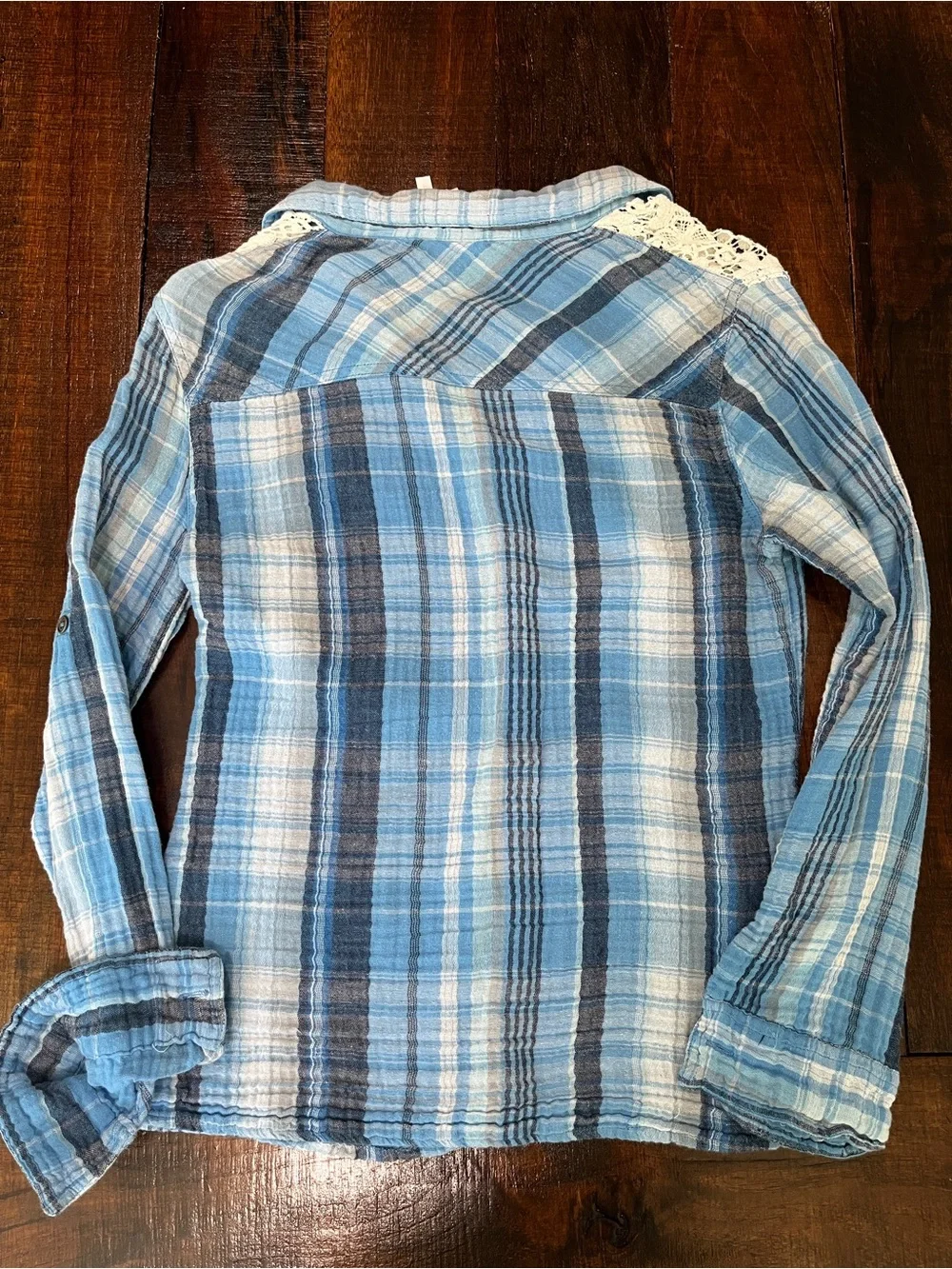 Justice Blue Plaid Button-Down Shirt with Lace Shoulders